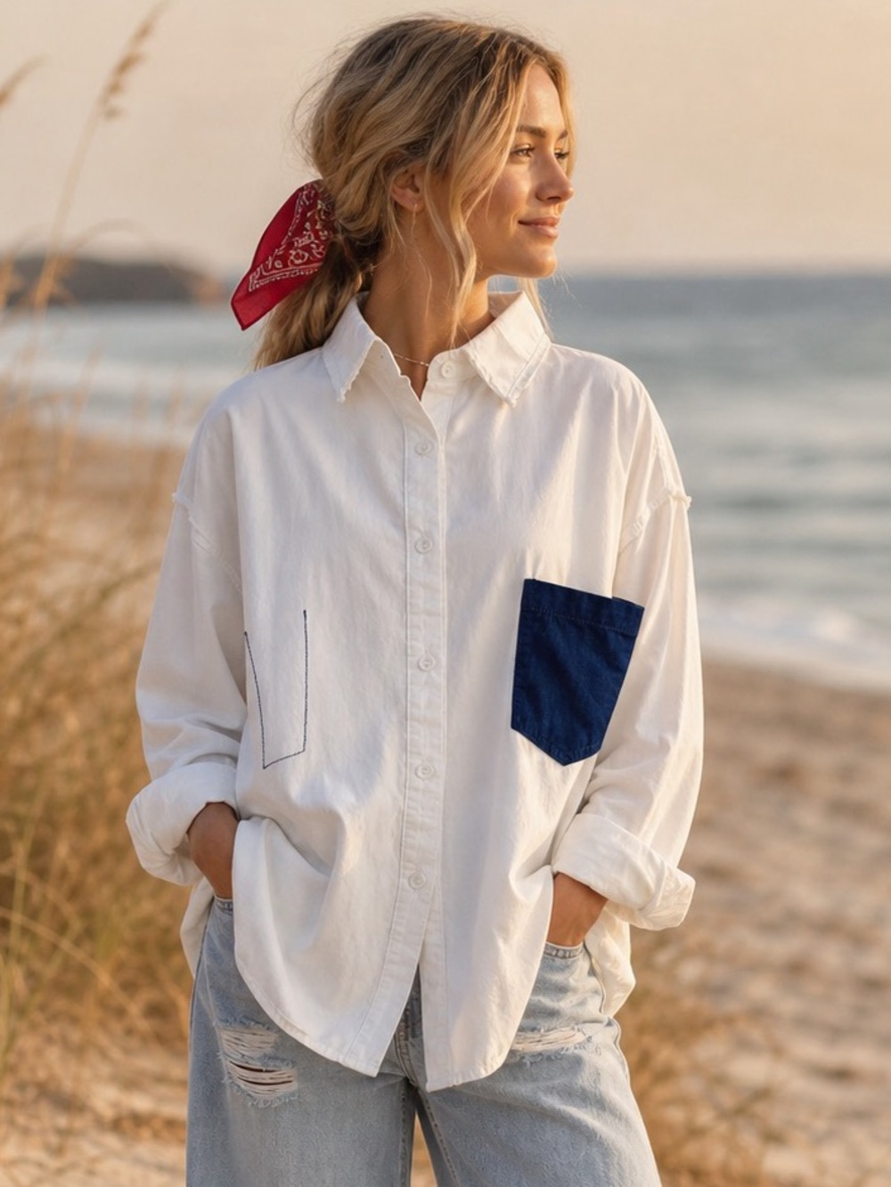 POL Patch Pocket Button Down Shirt in Ivory w Navy Denim Accents
